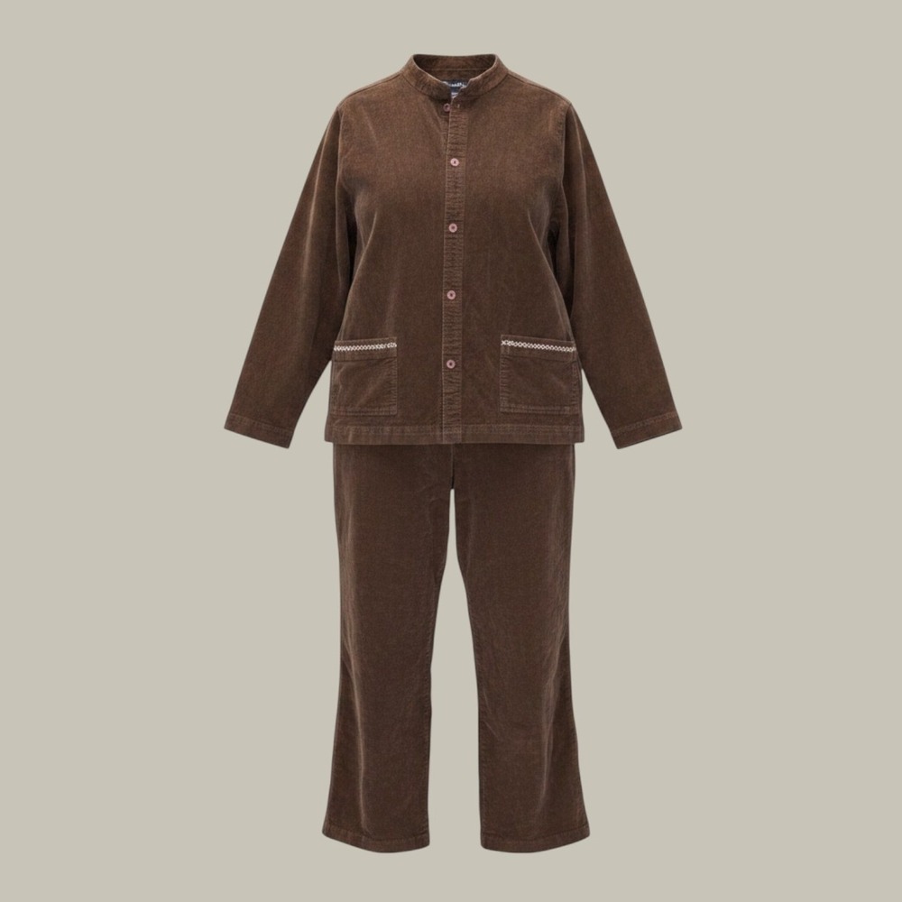 Vintage Corduroy Pant Set Denim & Co M Brown Cotton Embroidered Earthy Minimal